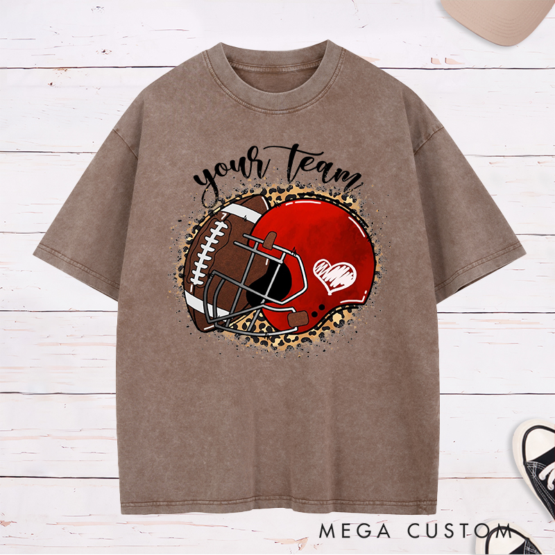 Personalized American Football Ball And Helmet Washed T-Shirts Featuring Custom Team Name
