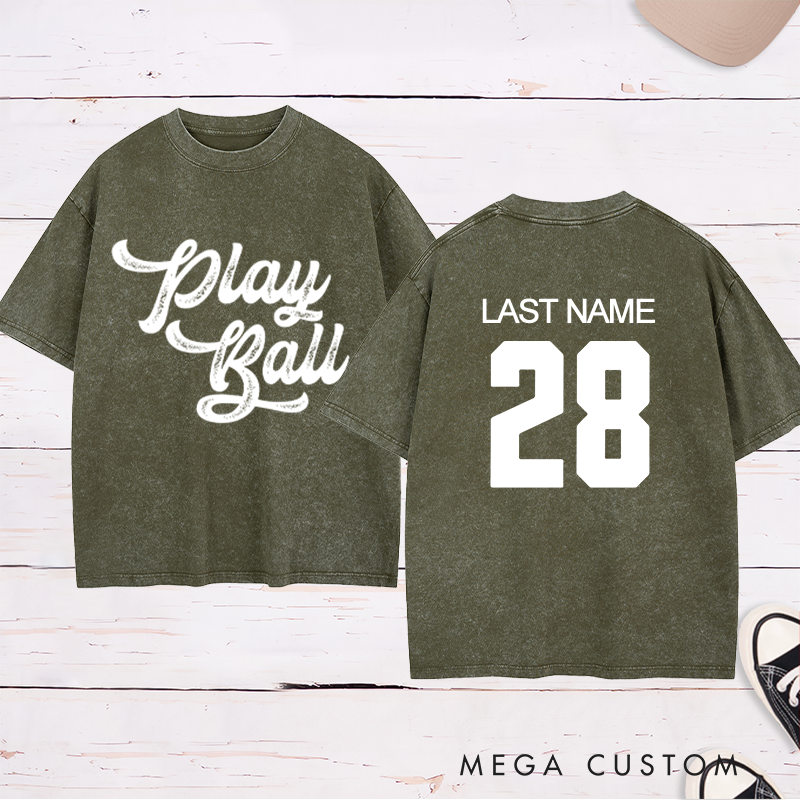 Personalized "Play Ball" Washed T-Shirt with Custom Name and Number
