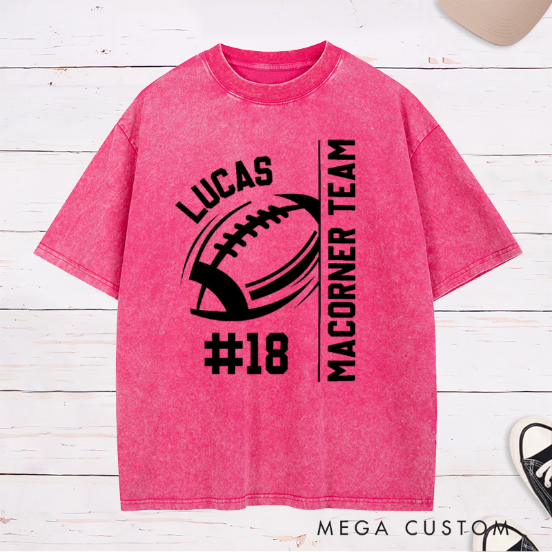 Personalized American Football and Rugby Design Washed T-Shirts Custom Mascot, Name and Number