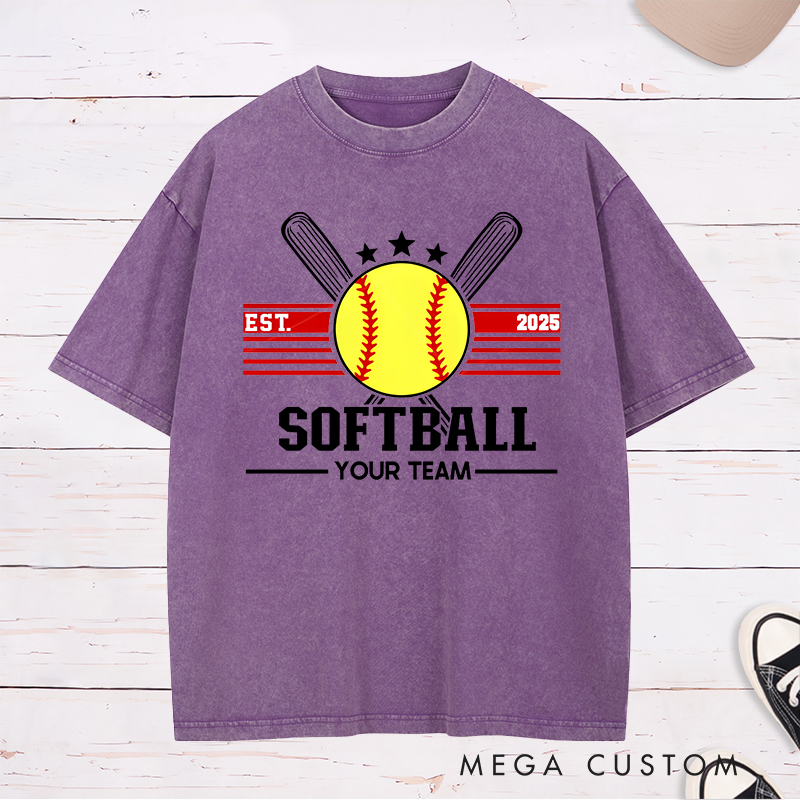 Personalized Softball Washed T-Shirt Team Logo Design Featuring a Customizable Year Team Name Bold Graphics and Classic Sports Elements