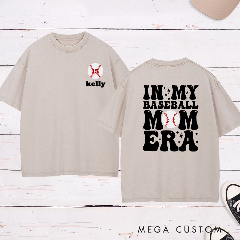 Personalized "In My Baseball Mom Era" Washed T-Shirt Custom Name & Number