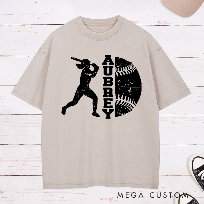 Personalized Softball Player Washed T-Shirt Design Featuring Batter Silhouette Distressed Softball Graphic and Customizable Name Text
