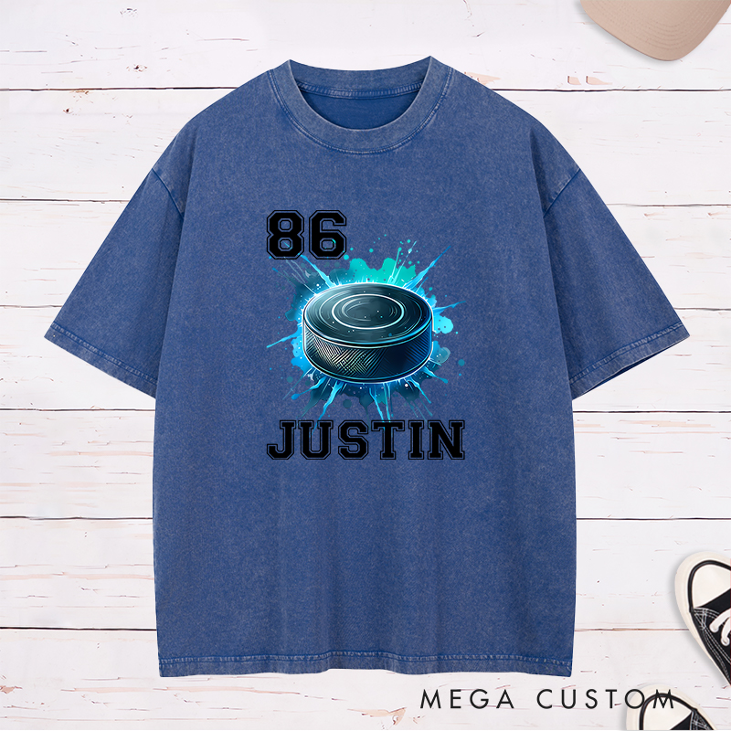 Personalized Athletic Washed T-Shirt Featuring a Vibrant Hockey Puck Graphic and Custom Name