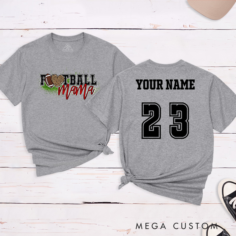 Personalized American Football Leopard Mama T-Shirts Featuring Custom Name and Number