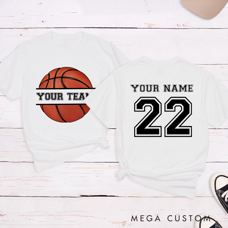 Personalized Basketball T-Shirt with Custom Team Name Player Name and Jersey Number Featuring a Classic Basketball Graphic