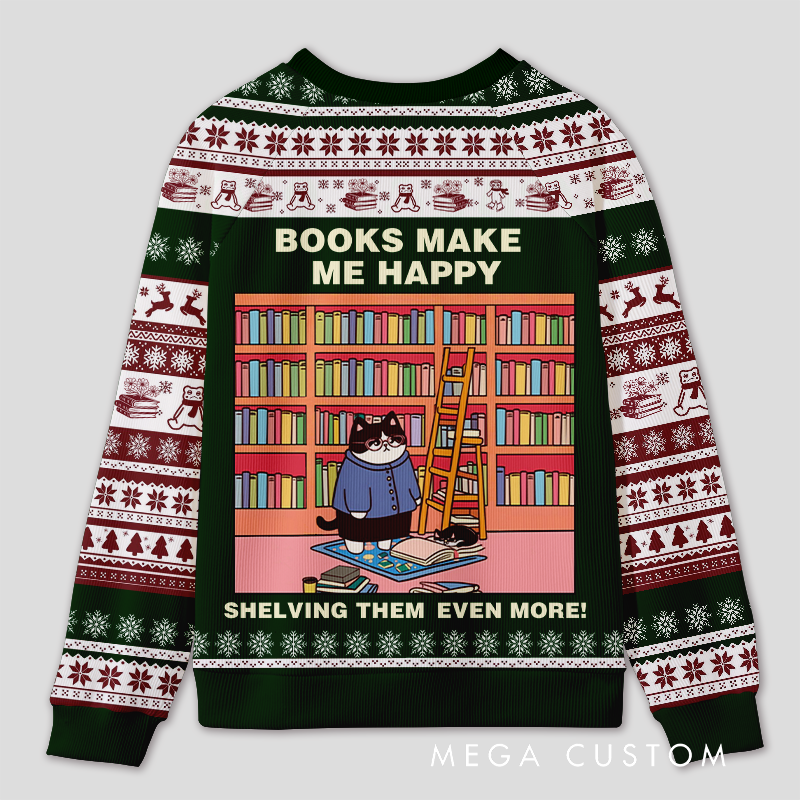 Personalized Hilarious Cat Rearranging Bookshelves Ugly Sweater Holiday Gift for Cat-Loving Book Loves