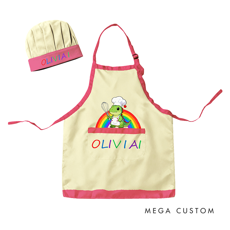 Personalized Rainbow Dinosaur Adjustable Kid Apron Chef Hat Set with Pocket and Name for Cooking Baking Birthday Holiday Gift for Kids