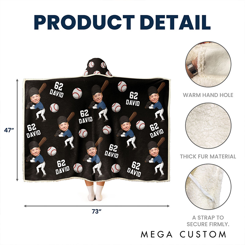 Personalized Photo Wearable Blanket Hoodie with Custom Kid Face Funny Softball and Baseball