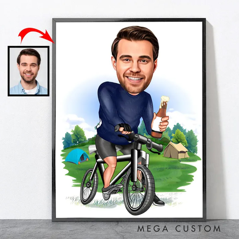 Personalized Cartoon Cyclist Portrait Biker Bicycle Cycle Cycling Art Poster Gifts for Cycling Riding Lovers