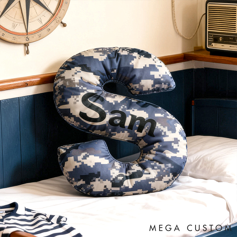 Personalized Camo Throw Pillow Initial Shaped Pillow Custom Throw Pillow with Name Military Style Pillow Gift for Men Boys Military Adventure-Themed Gifts