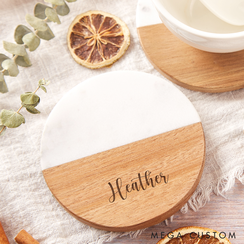 Personalized Wooden and Marble Coasters Custom Wedding Gift Coasters Engraved Wood Gift for Home Decor or Housewarming  