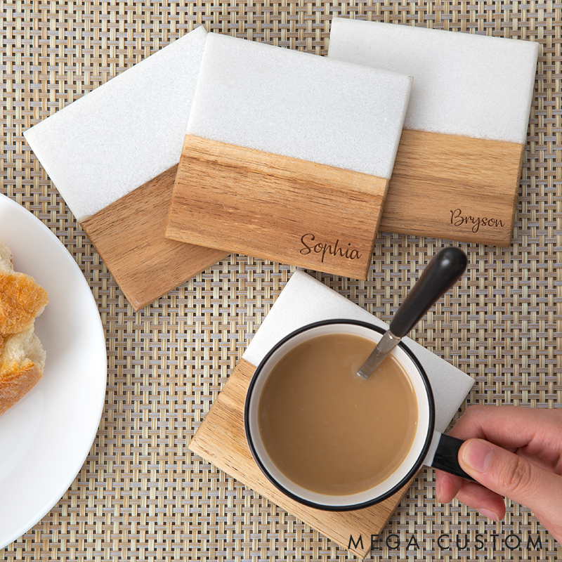 Personalized Wooden and Marble Coasters Custom Coasters with Name Engraved Wood Coaster Gift for Home Decor or Housewarming  