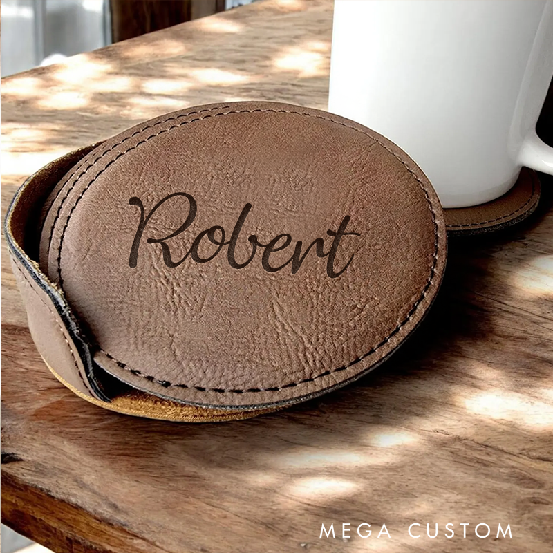 Personalized Leather Coaster with Holder Engraved Coaster with Name Round Leather Coasters Housewarming Gift Wedding Gifts