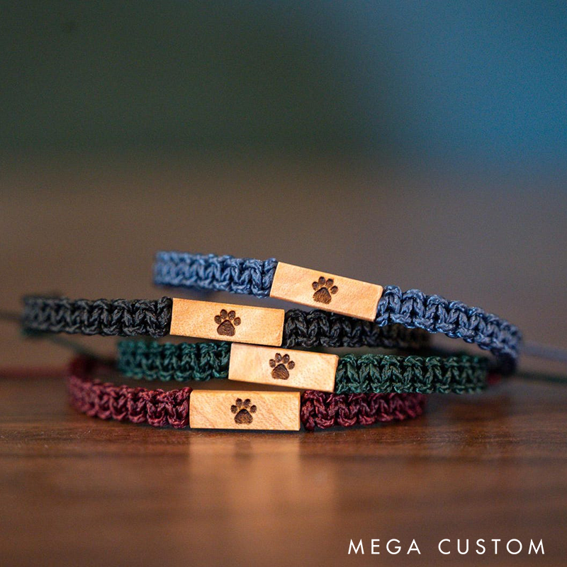 Personalizable Pet Paw Print Bracelet Reclaimed Wood Bracelet  Adjustable Macrame Memorial Jewelry Various Colors