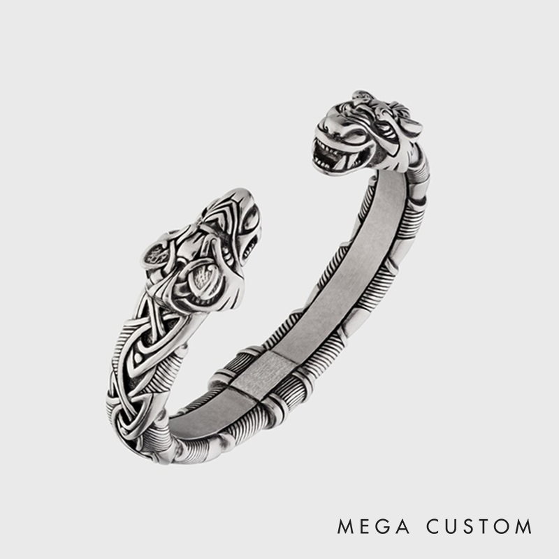 Viking Warrior Bracelet Norse Metal Adjustable Arm Ring Cuff Torc with Wolf Heads Viking Jewelry for Men Women Gift for Him and Her