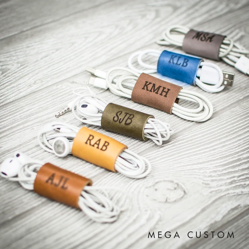 Personalized Leather Cord Keeper Custom Leather Cord Keeper Monogram Cord Wrap Headphone Cord Organizer Monogrammed Gift Mens Gift