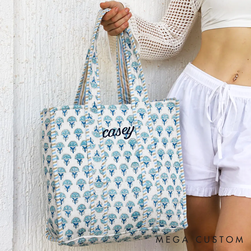  Personalized Block Print Bridal Gift Beach Bag Embroidered Bridesmaid Tote Bag Quilted Baby Monogramed Floral Causal Boho Pool Tote Bag