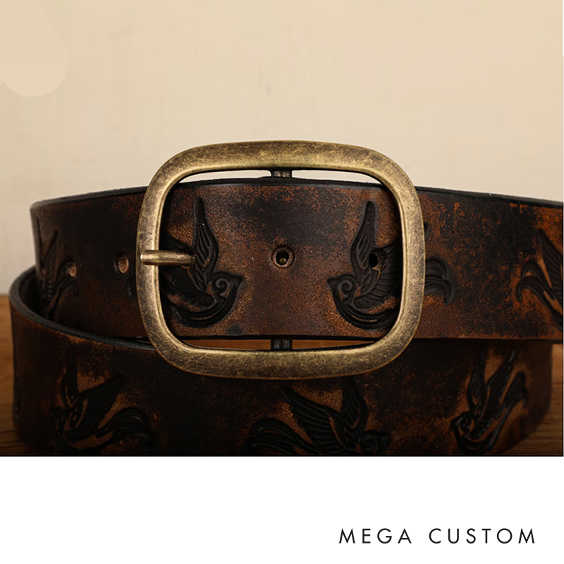 Sparrow Distressed Leather Belt Embossed & Vintage-Aged Western Style with Snap Closure Handmade in USA Swallow Bird Tattoo Flash Art
