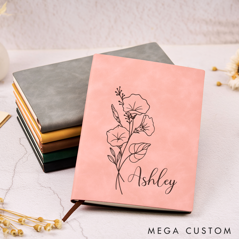 Personalized Leather Journal Birth Flower Leather Notebook Cover A5 Prayer Journal Travel Christmas Gift Leather Travel Journal