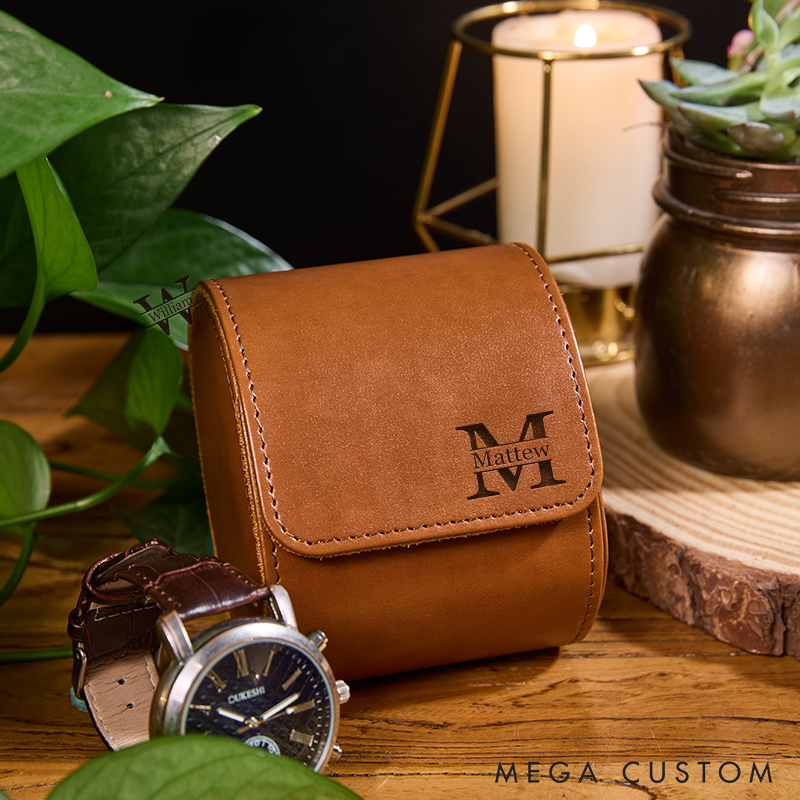 Personalized Leather Watch Case for Him Custom Name Travel Watch Box Engraved Name Leather Watch Case Elegant Storage Gift for Men Fathers and Professionals