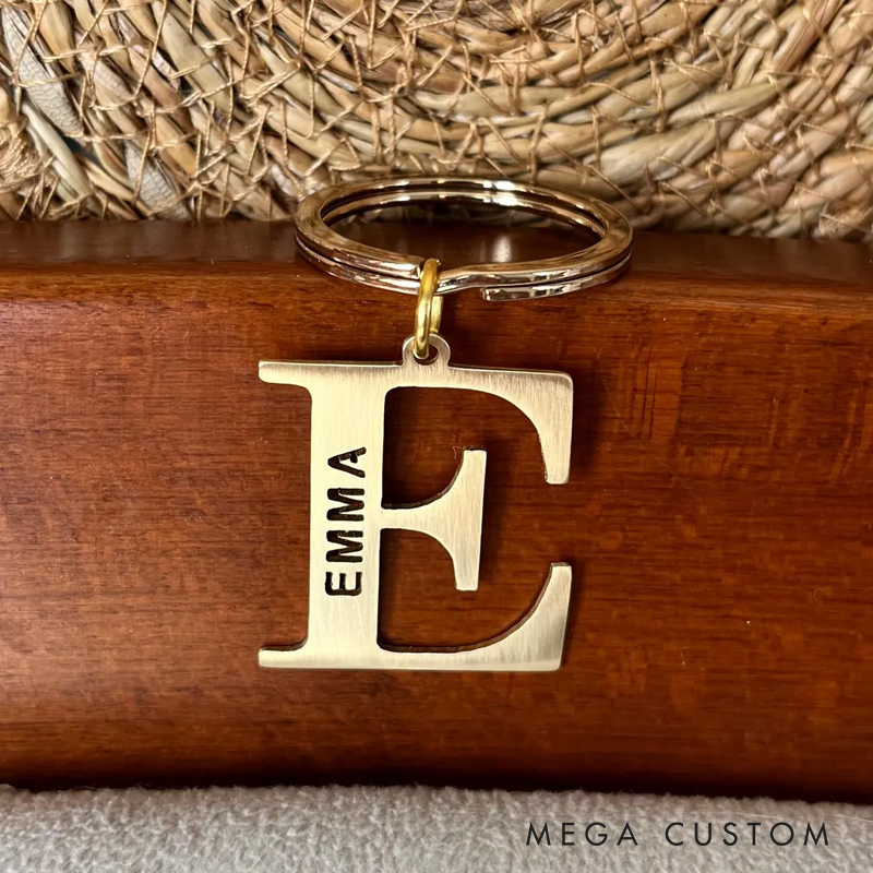 Personalized Name Keychain Custom Initial Metal Key Ring Laser Cut Stainless Steel or Brass