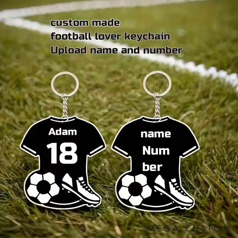 Personalized Soccer Jersey Keychain with Name And Number Featuring Designs of a Soccer Ball And Shoes - a Gift for Soccer Players Fans And Coaches for Birthdays Anniversaries