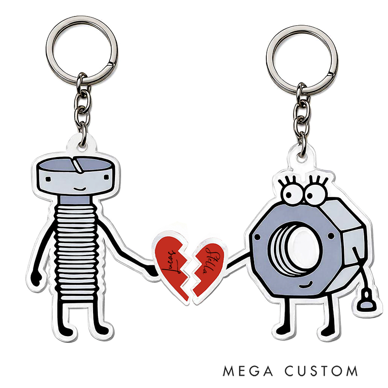 Personalized Nut and Bolt Couple Keychain Custom Names Unique Holiday Gift for Couples