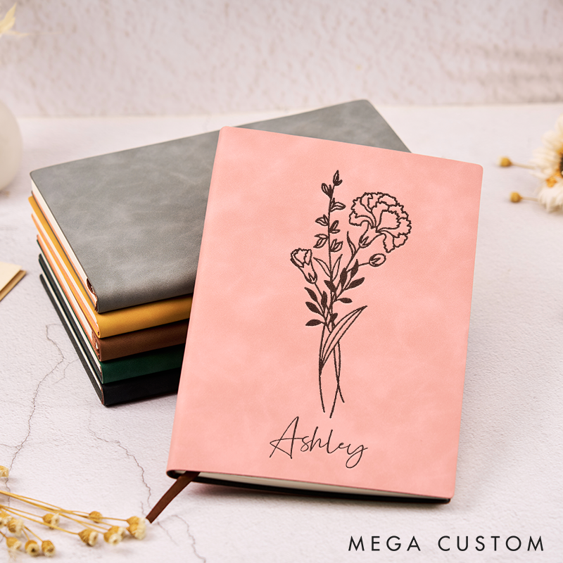 Personalized Leather Journal with Name Birth Flower Leather Notebook Cover A5 Prayer Journal Travel Christmas Gift Leather Travel Journal