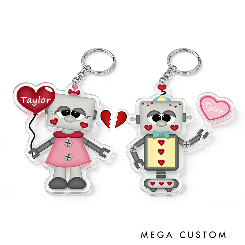 Personalized Love and Robot Keychain Custom Couple Names Unique Holiday Gift for Couples