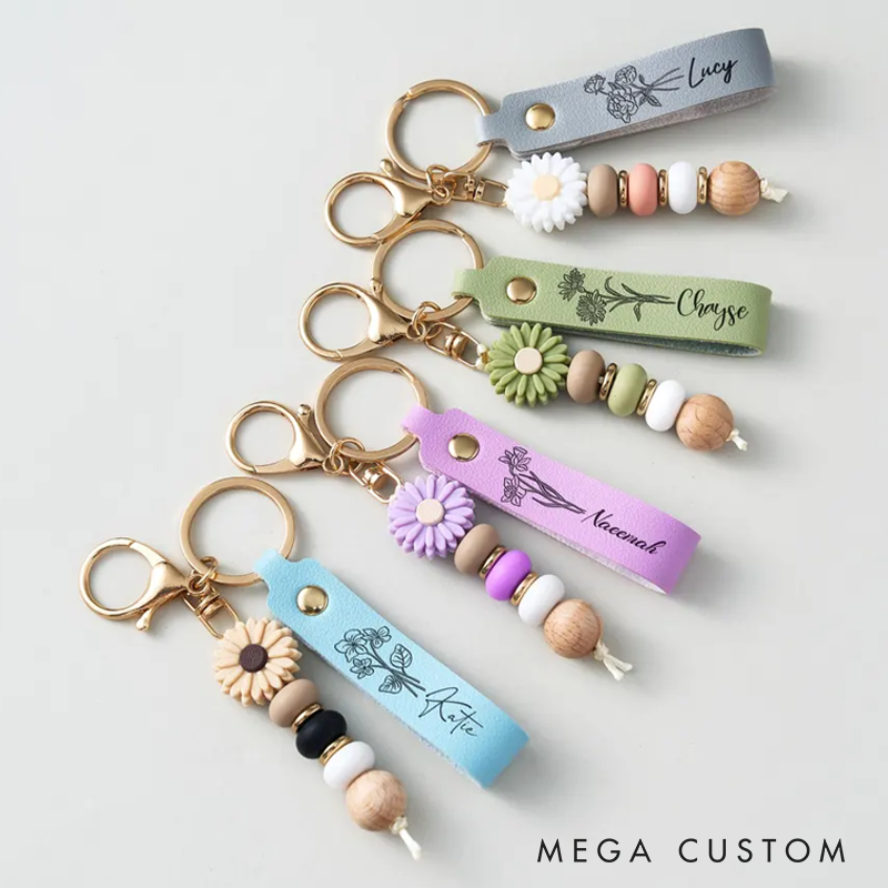 Personalized Name Keyring Handmade Daisy Beaded Keychain Cute Custom Bag Charm Gifts for Her Back to School or Friendship Gift