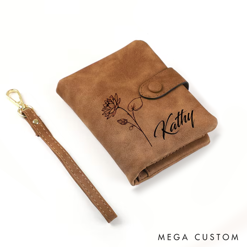 Personalized Birth Flower Wallet for Girls Women Leather Wallet With Name and Birth Flower Birthday Gift for Girlfriend Wife Valentine's Day Gifts