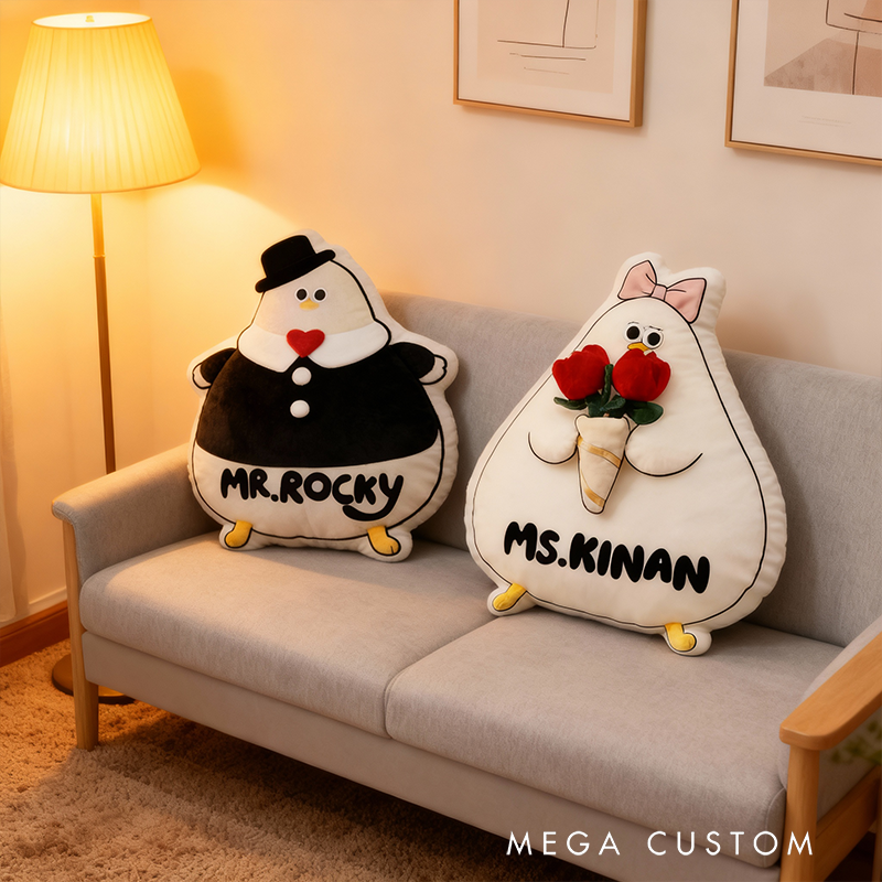 Personalized Cartoon Seagull Couple Throw Pillow Mr. Seagull & Miss Tulip Plush Home Decor Gift for Couples