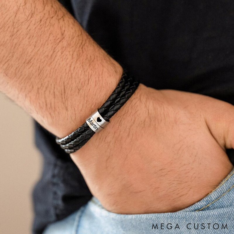 Personalized Mens Leather Bracelet Custom Bead Bracelet Engraved Name Bracelet for Him Gift for Husband Boyfriend