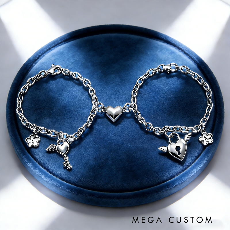 Personalized Vintage Silver Lock & Key Heart Cuban Bracelet Initial Gift for BFF and Couple