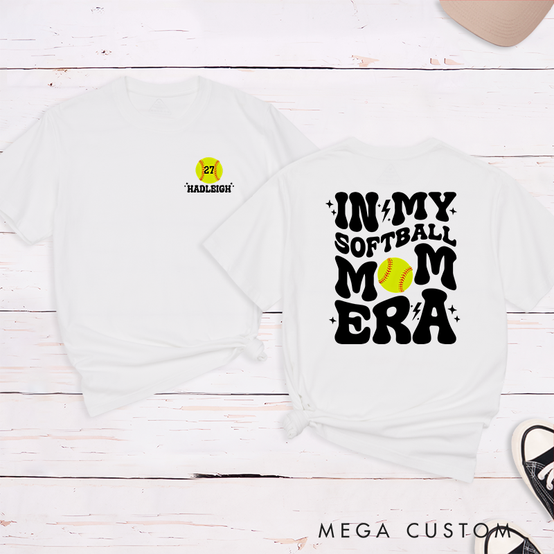 Personalized Softball Mom T-Shirt Design Featuring Bold Retro Text Custom Player Number and Name with Softball Graphic