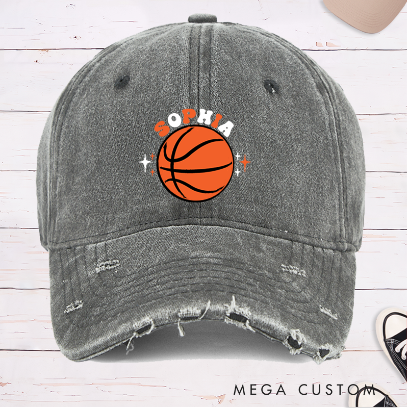 Personalized Distressed Basketball Cap with Custom Name Bold Basketball Graphic and Star Accent Design
