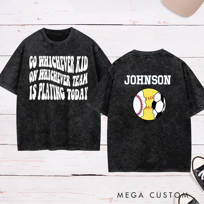 Personalized Sports Washed T-Shirt Featuring Baseball, Soccer, and Softball Graphics with Customizable Back