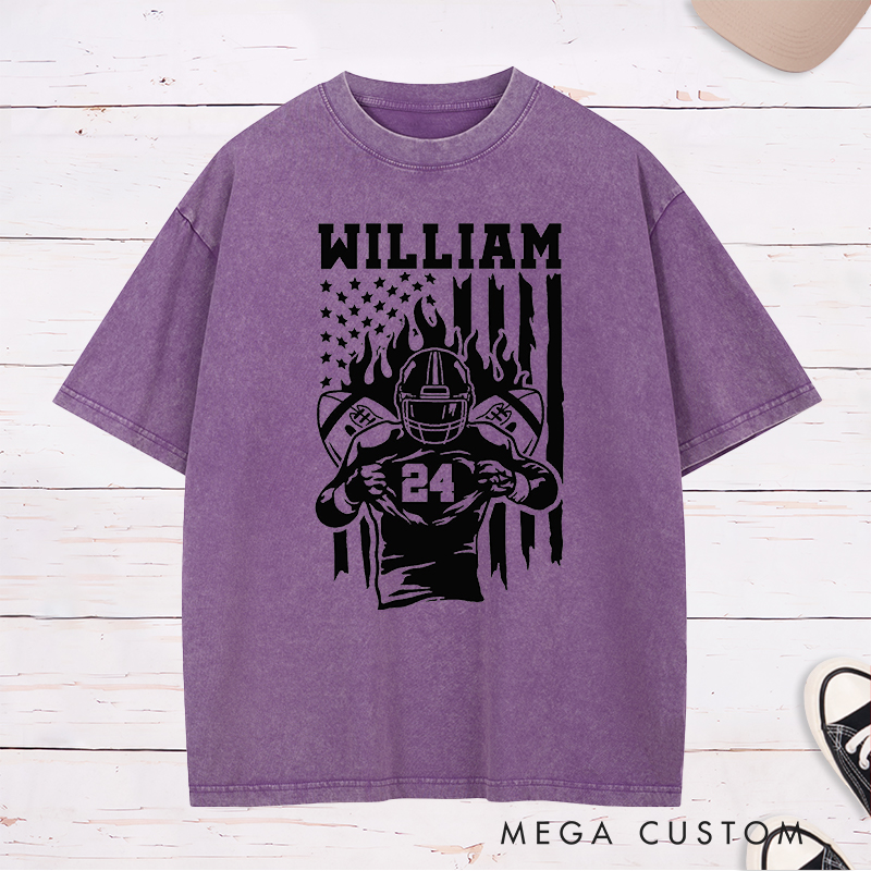 Personalized American Football Warrior Washed T-Shirts Featuring Custom Text on the Front