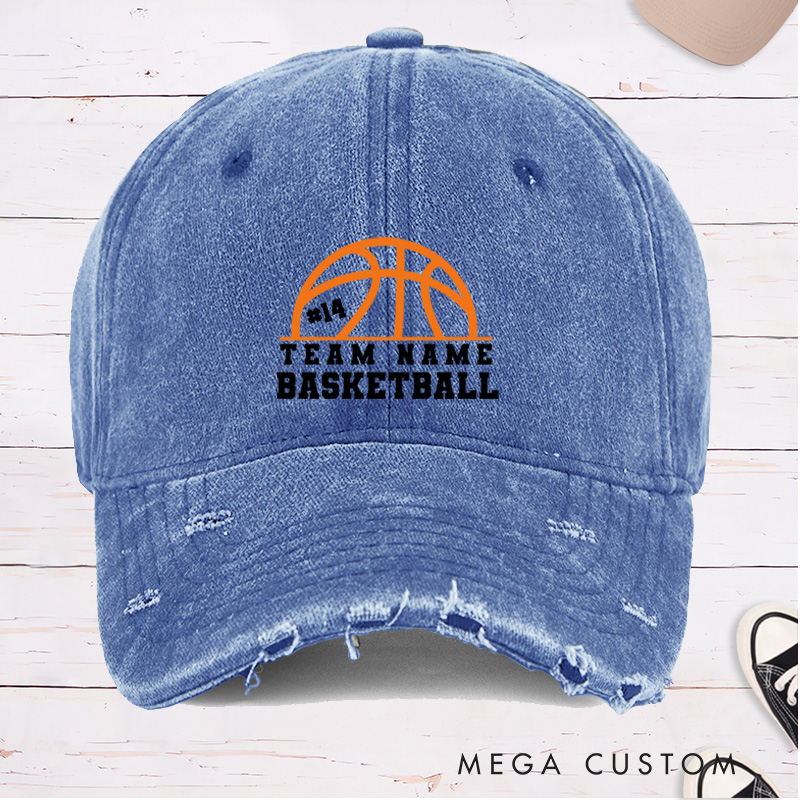 Personalized Distressed Denim Basketball Cap with Custom Team Name Player Number and Basketball Graphic Design