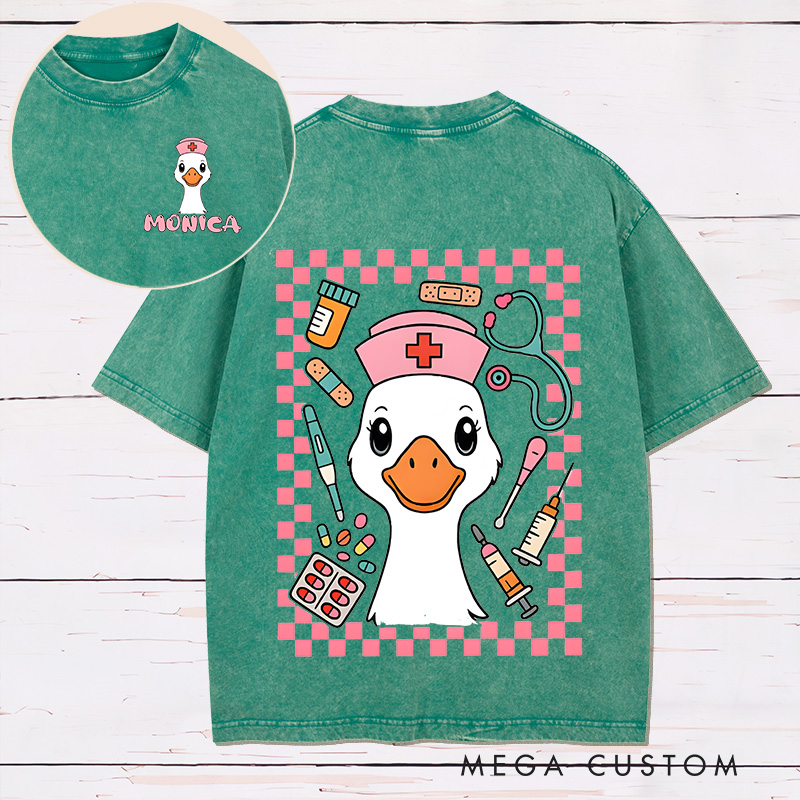 Personalized Two Sides Printed Washed T-Shirt Customized Nurse Goose Fun Design Washed T-Shirt 