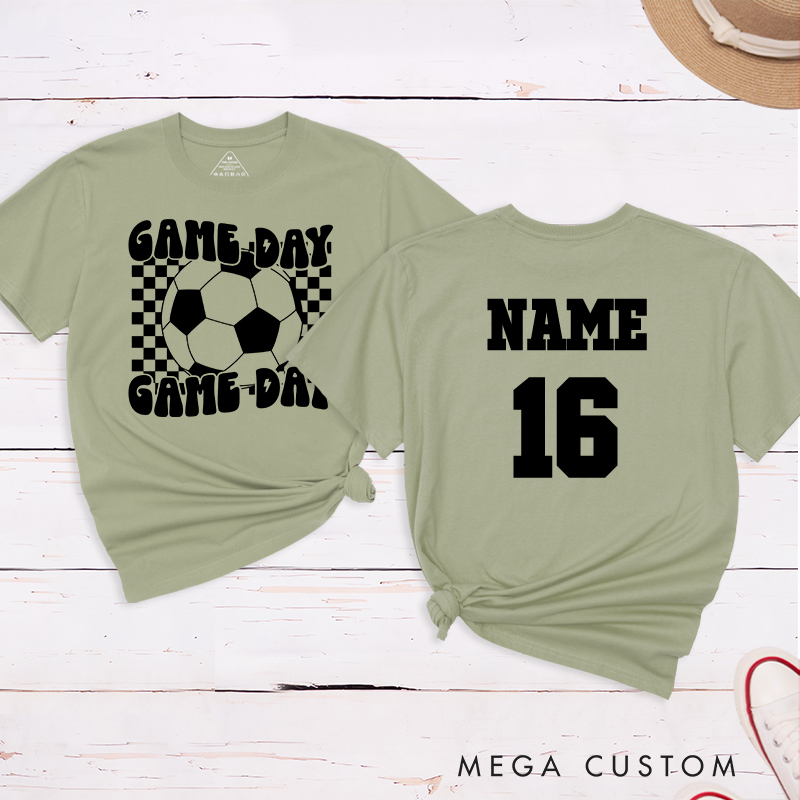 Personalized Game Day Soccer T-Shirt with Bold Checkerboard Design and Custom Name and Number