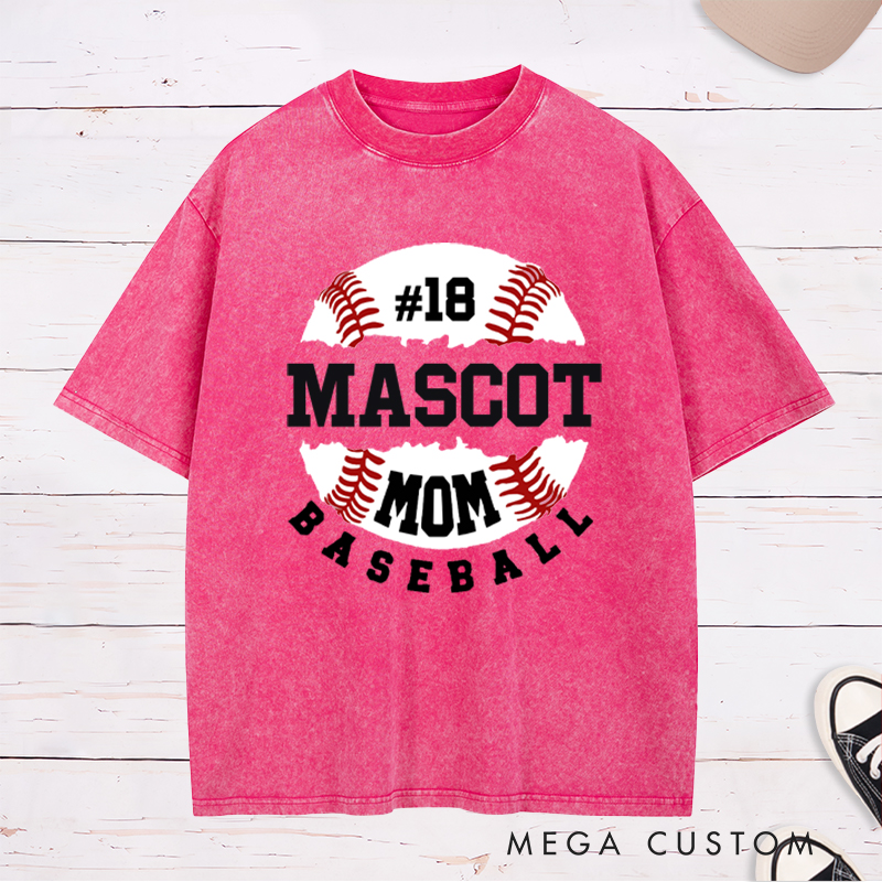 Personalized Baseball Mom Washed T-Shirt with Custom Name and Player Number Design