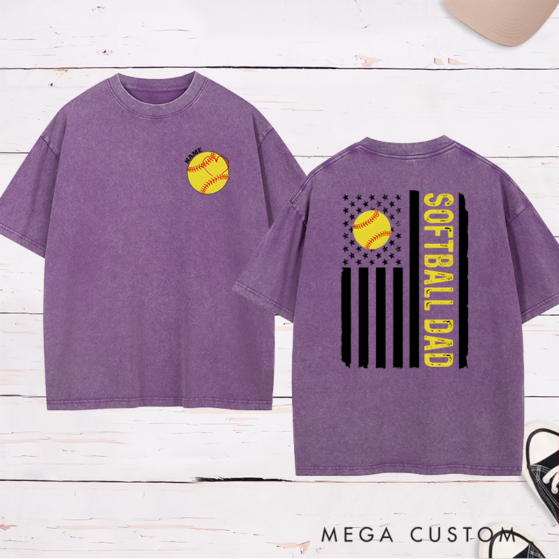 Personalized Softball Dad Washed T-Shirt with Custom Name and Number Patriotic Design Perfect Gift for Proud Softball Dads