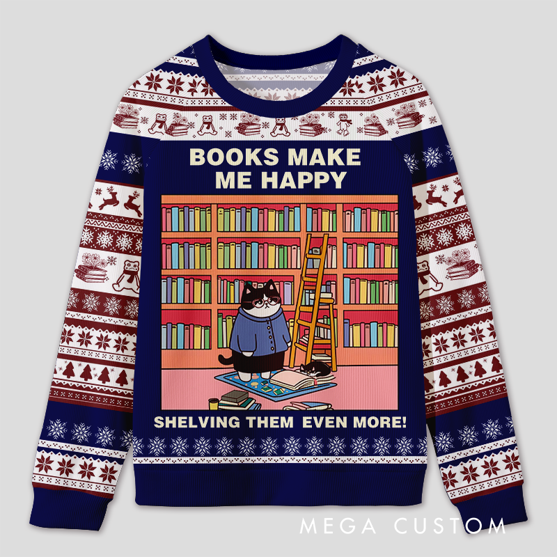 Personalized Hilarious Cat Rearranging Bookshelves Ugly Sweater Holiday Gift for Cat-Loving Book Loves