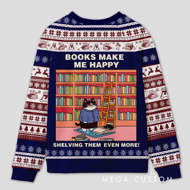 Personalized Hilarious Cat Rearranging Bookshelves Ugly Sweater Holiday Gift for Cat-Loving Book Loves