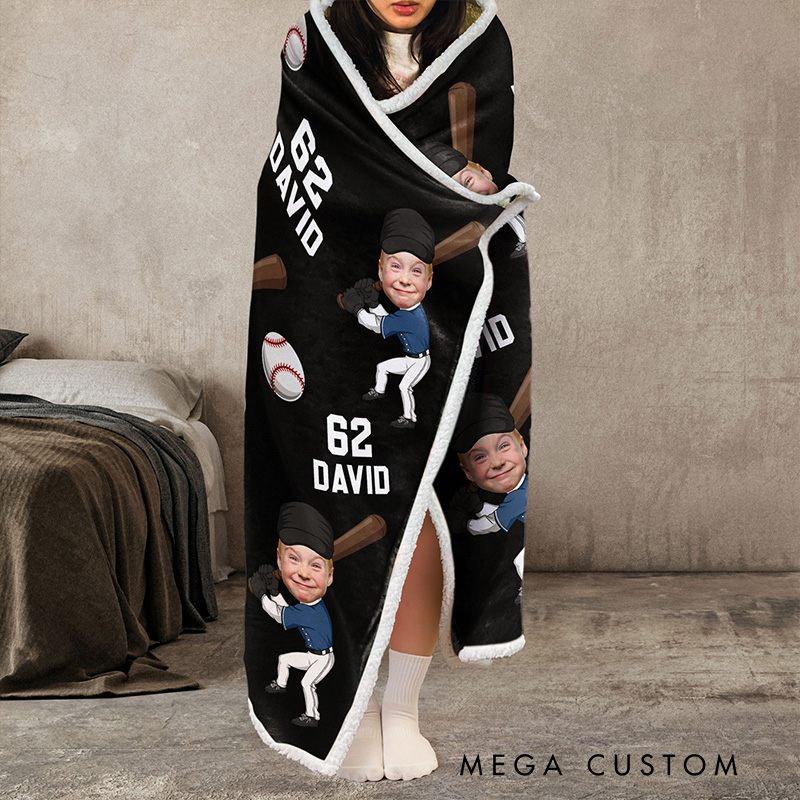 Personalized Photo Wearable Blanket Hoodie with Custom Kid Face Funny Softball and Baseball