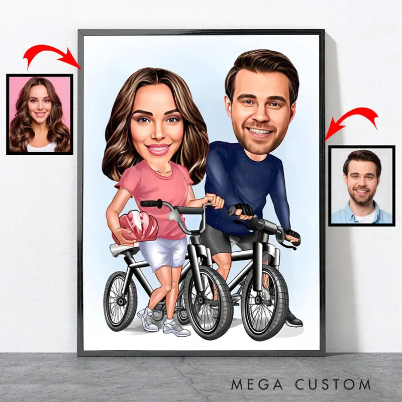 Personalized Cartoon Cyclist Portrait Biker Bicycle Cycle Cycling Art Poster Gifts for Cycling Riding Lovers