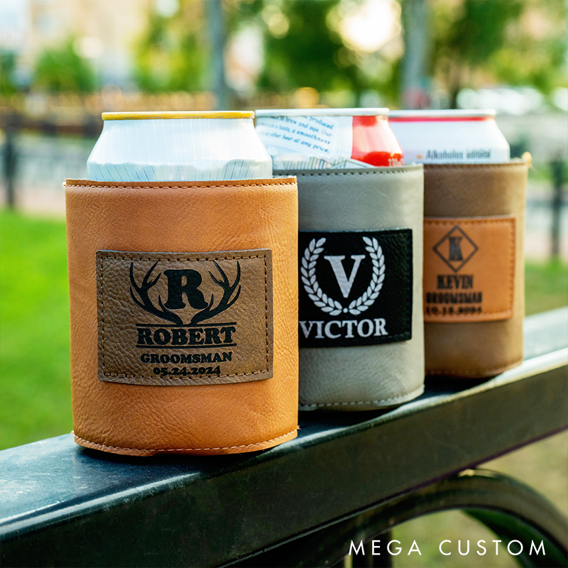 Personalized Leather Can Cooler Grooms Groomsman Can Cooler Holder Stag Keepsakes Can Cooler Bachelor Party Beer Cooler