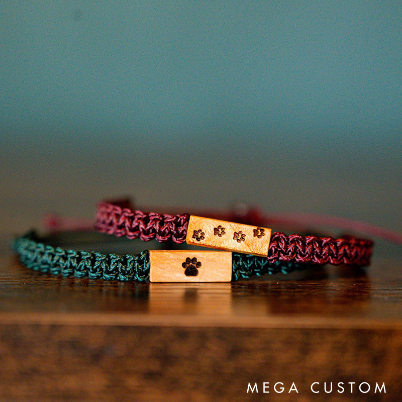 Personalizable Pet Paw Print Bracelet Reclaimed Wood Bracelet  Adjustable Macrame Memorial Jewelry Various Colors
