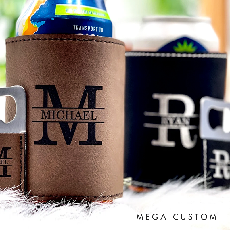 Personalized Can Cooler & Bottle Opener Set Groomsmen Proposal Gift Stocking Stuffer Christmas Gift for Him Custom Gift for Men